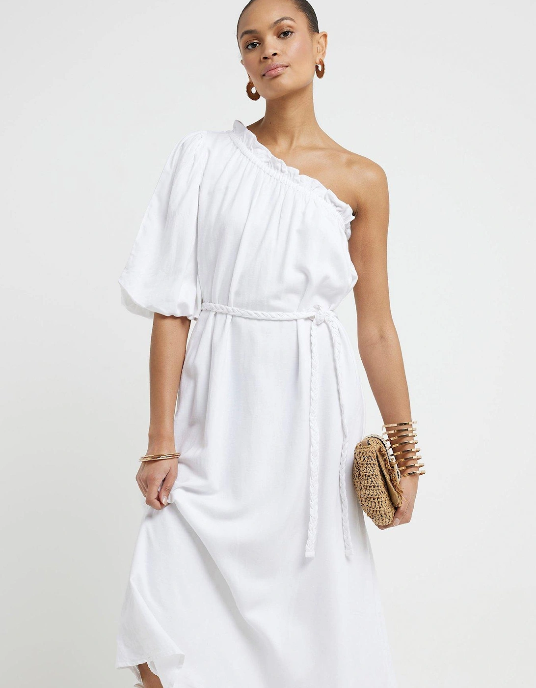 Linen One Shoulder Maxi Dress - White