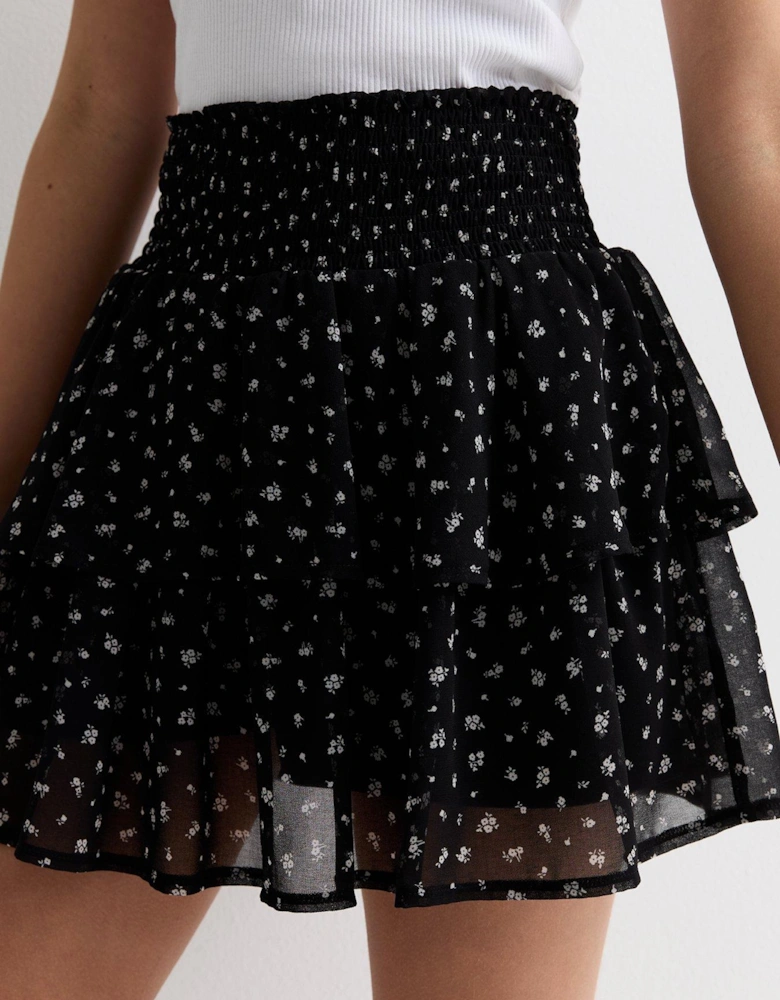 Girls Black Ditsy Floral Chiffon Tiered Mini Skirt