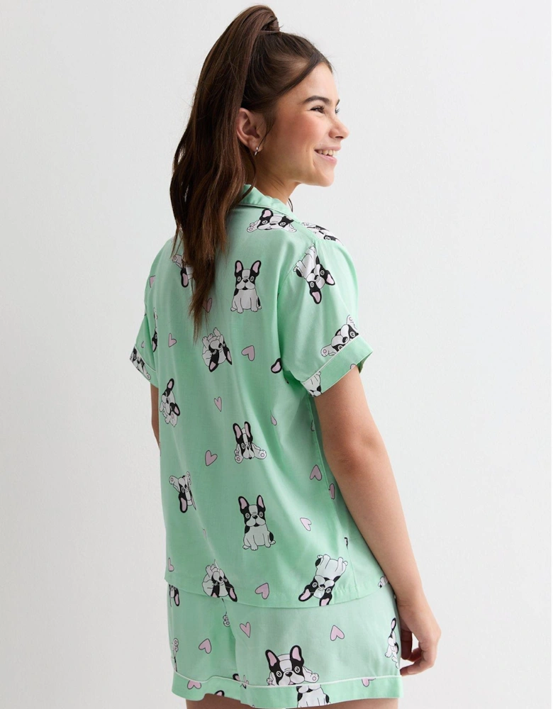 Girls Mint Green Revere Short Pyjama Set With Frenchie Print