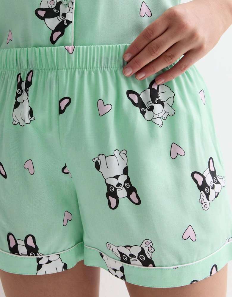 Girls Mint Green Revere Short Pyjama Set With Frenchie Print