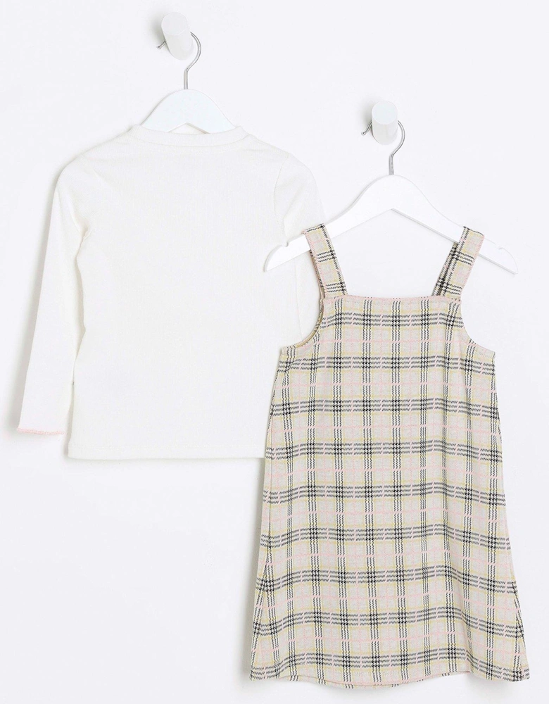 Mini Girls Check Pinafore Dress Set - Beige