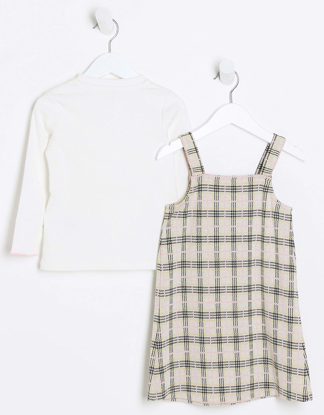 Mini Girls Check Pinafore Dress Set - Beige