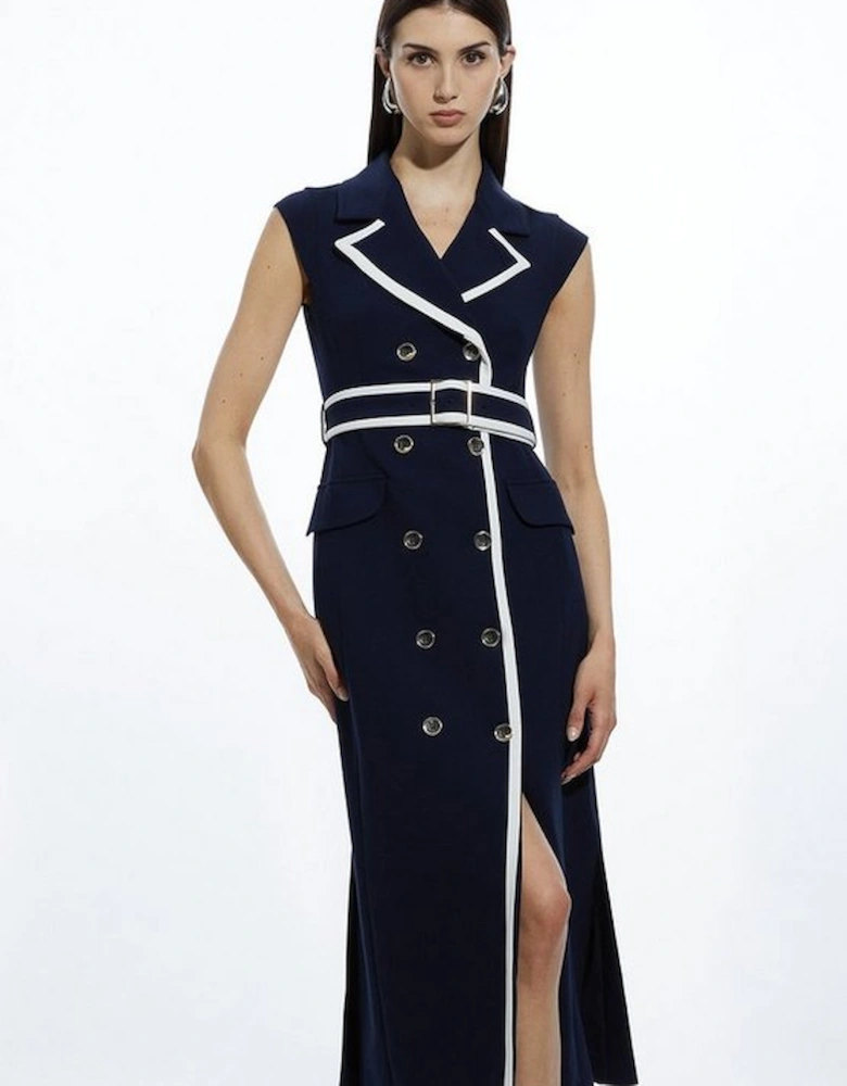 Compact Stretch Double Breasted Belted Tipped Tailored Midi Dress