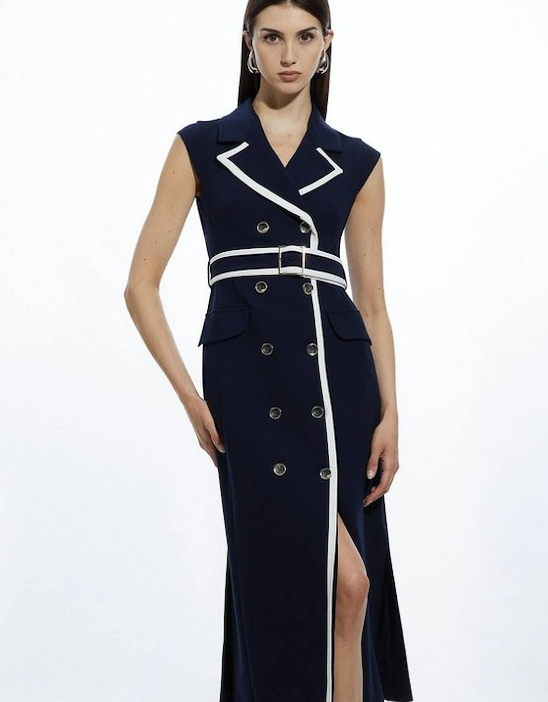 Compact Stretch Double Breasted Belted Tipped Tailored Midi Dress, 4 of 3