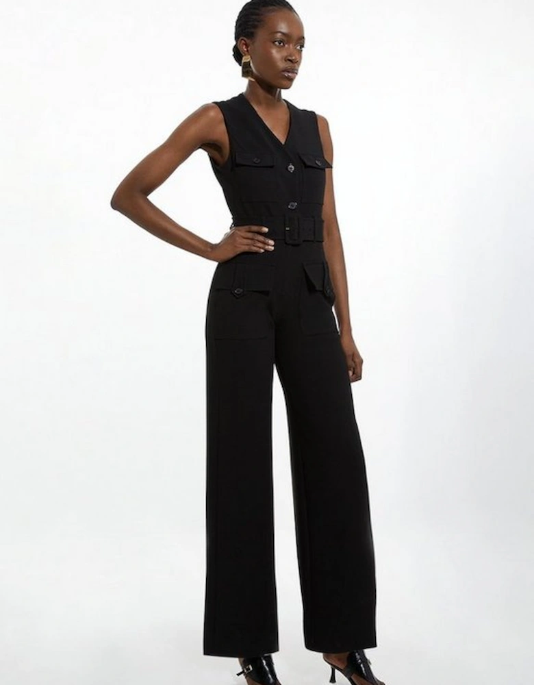 Compact Stretch Tailored Safari Belted Jumpsuit