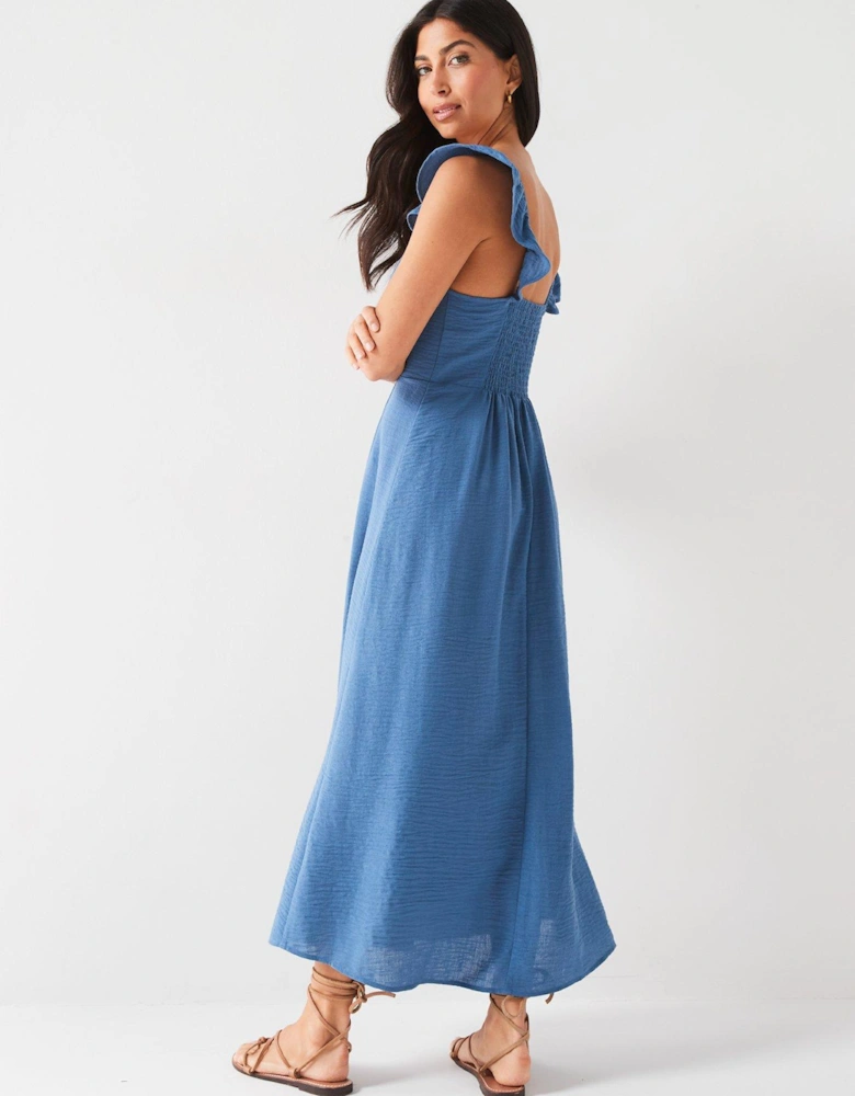 Frill Sleeve Textured Midaxi Dress - Blue