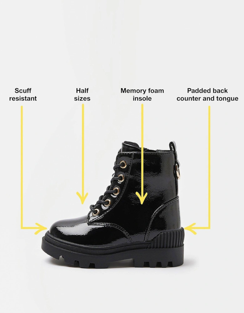 Mini Girls Lace Up Patent Chunky Boots - Black