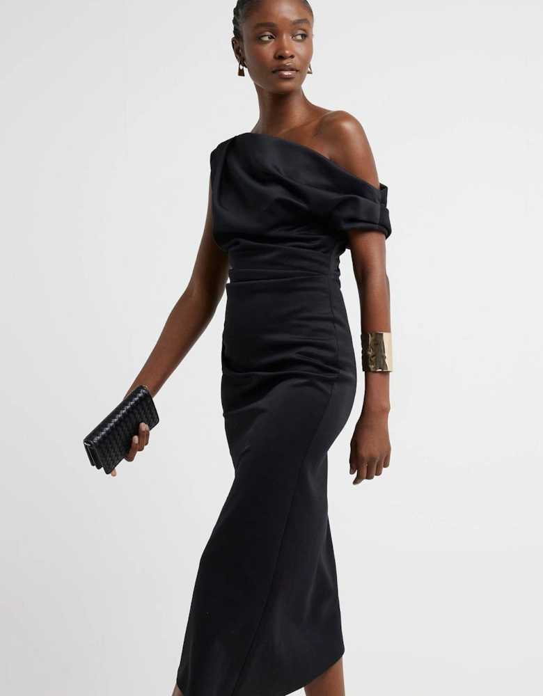 Asymmetric Bodycon Ruched Dress - Black