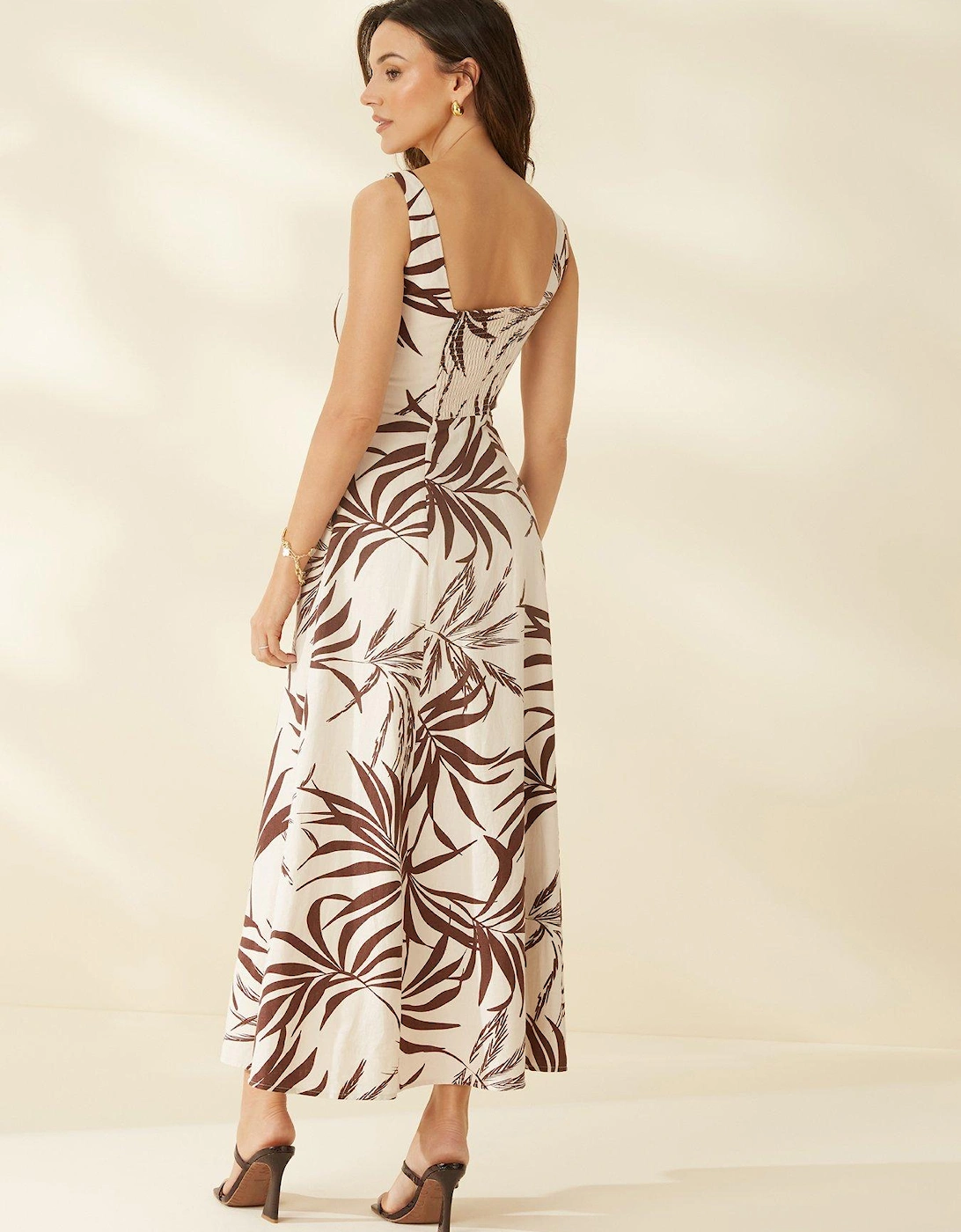Linen Lace up Corset Midi Dress - Palm Print