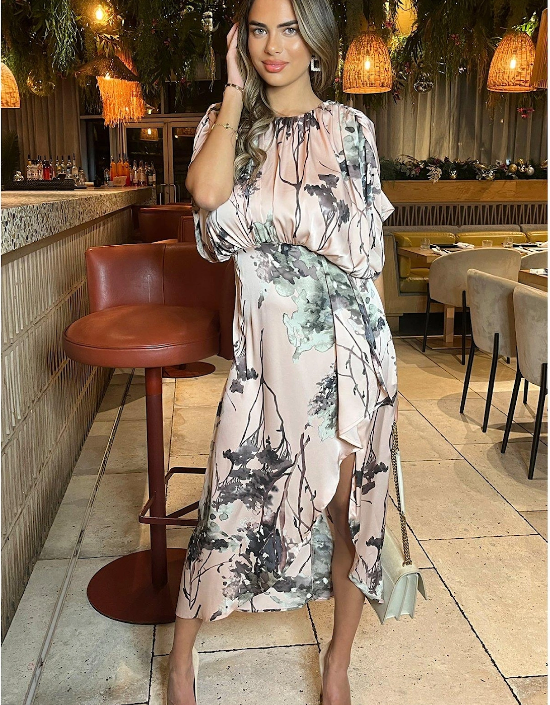 Satin Floral Blouson Midi Dress - Pink