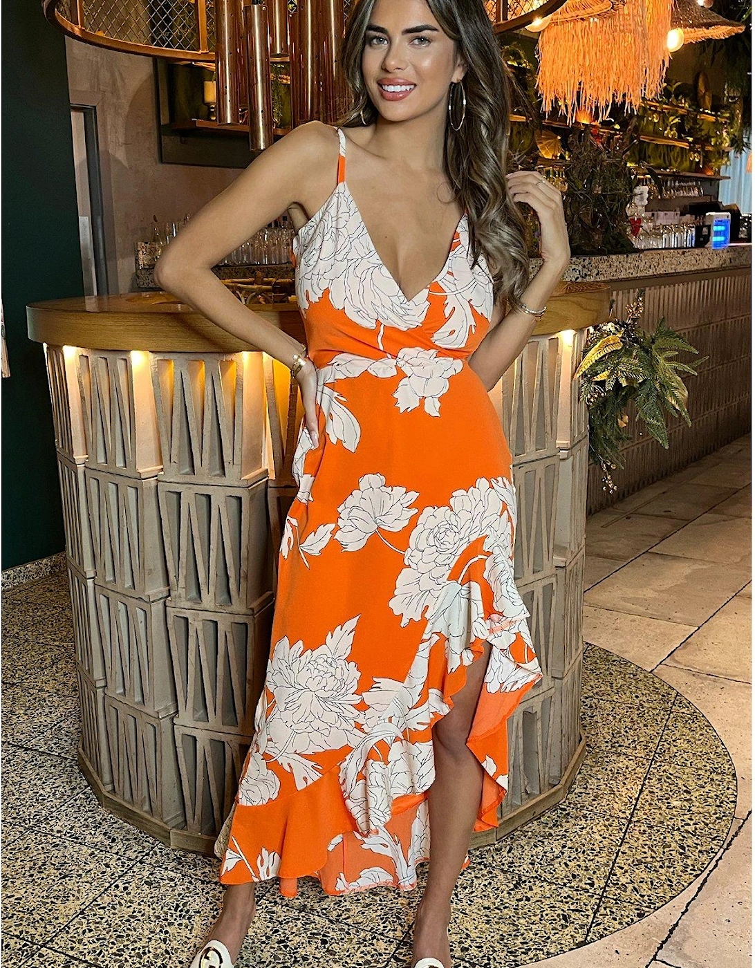 Floral Frill Midi Dress - Orange