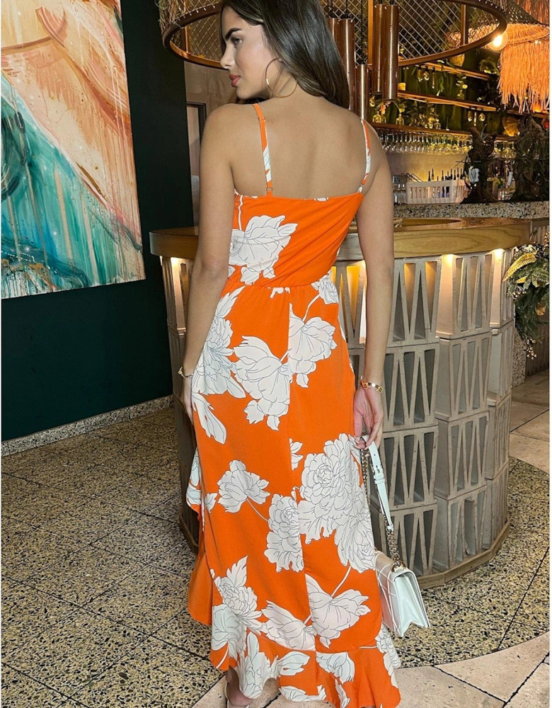 Floral Frill Midi Dress - Orange