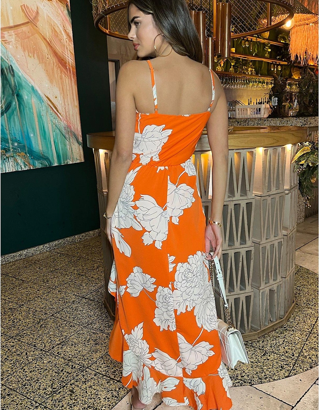 Floral Frill Midi Dress - Orange