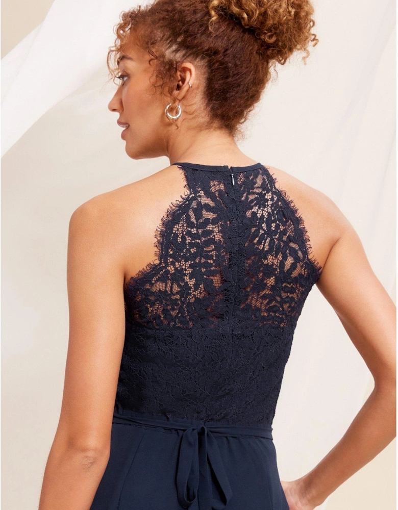 Navy Back Detail Halter Lace Pleated Jumpsuit - Navy