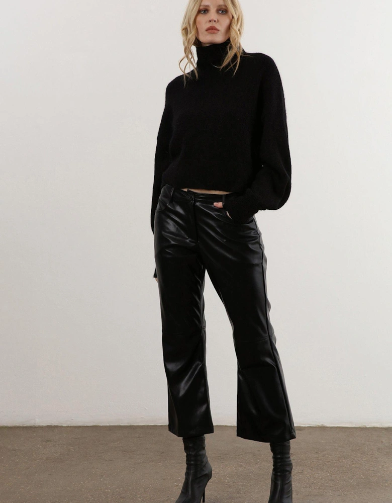 Flared Faux Leather Trouser With Jean Pocket Details - Black