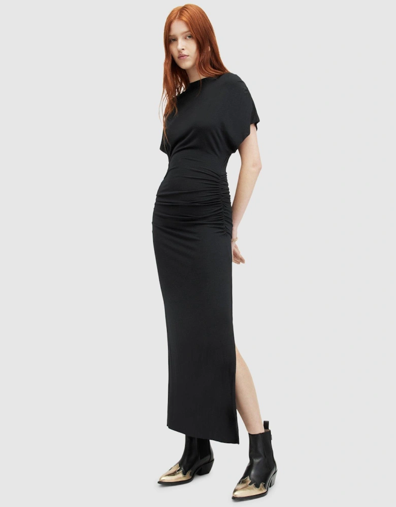 Natalie Slim Fit Gathered Midi Dress - Black 