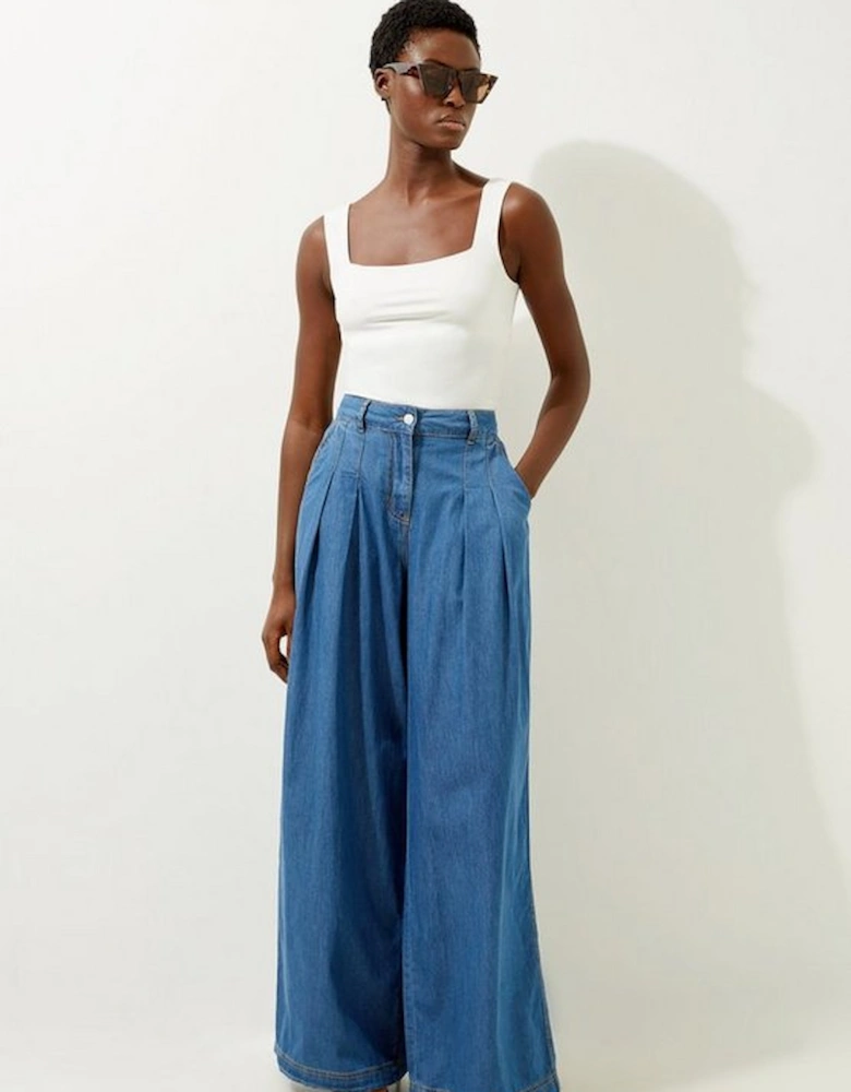 Tailored Chambray Denim Straight Leg Pleated Trousers