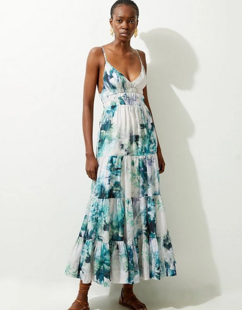 Watercolour Cotton Voile Plunge Strappy Woven Maxi Dress