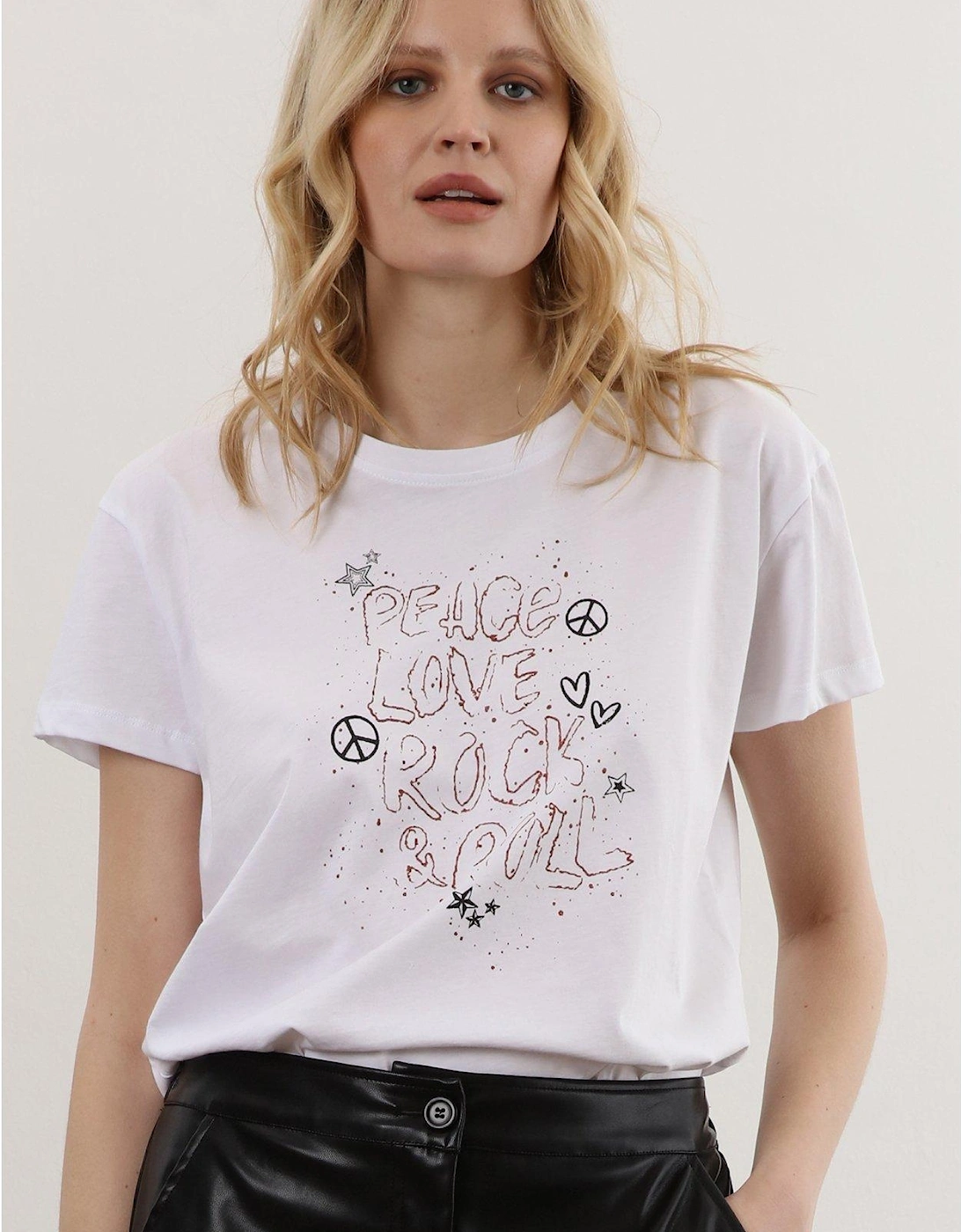 Peace Love Rock N' Roll Slogan T-shirt - White