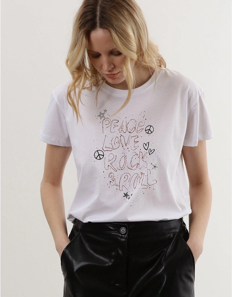 Peace Love Rock N' Roll Slogan T-shirt - White