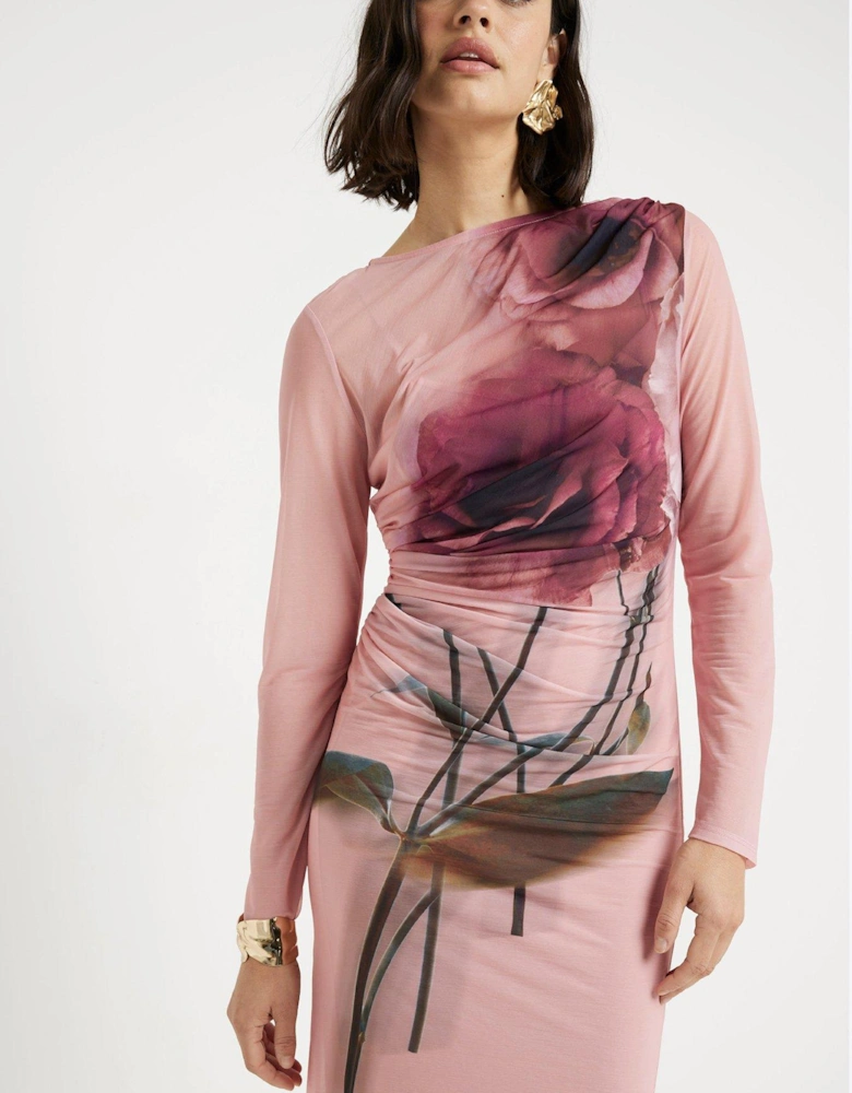 Floral Mesh Midi Dress - Medium Pink