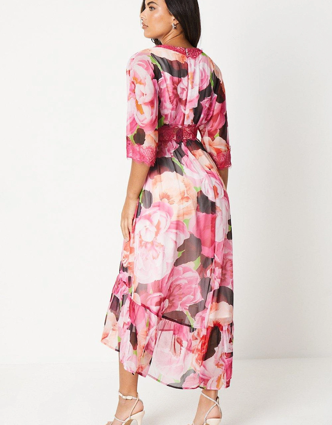 Wrap Bodice Printed Lace Trim Midi Dress