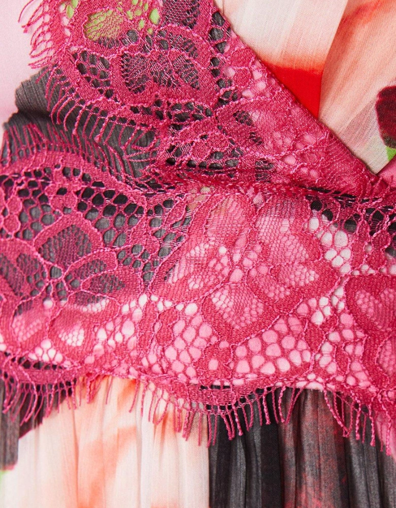 Wrap Bodice Printed Lace Trim Midi Dress