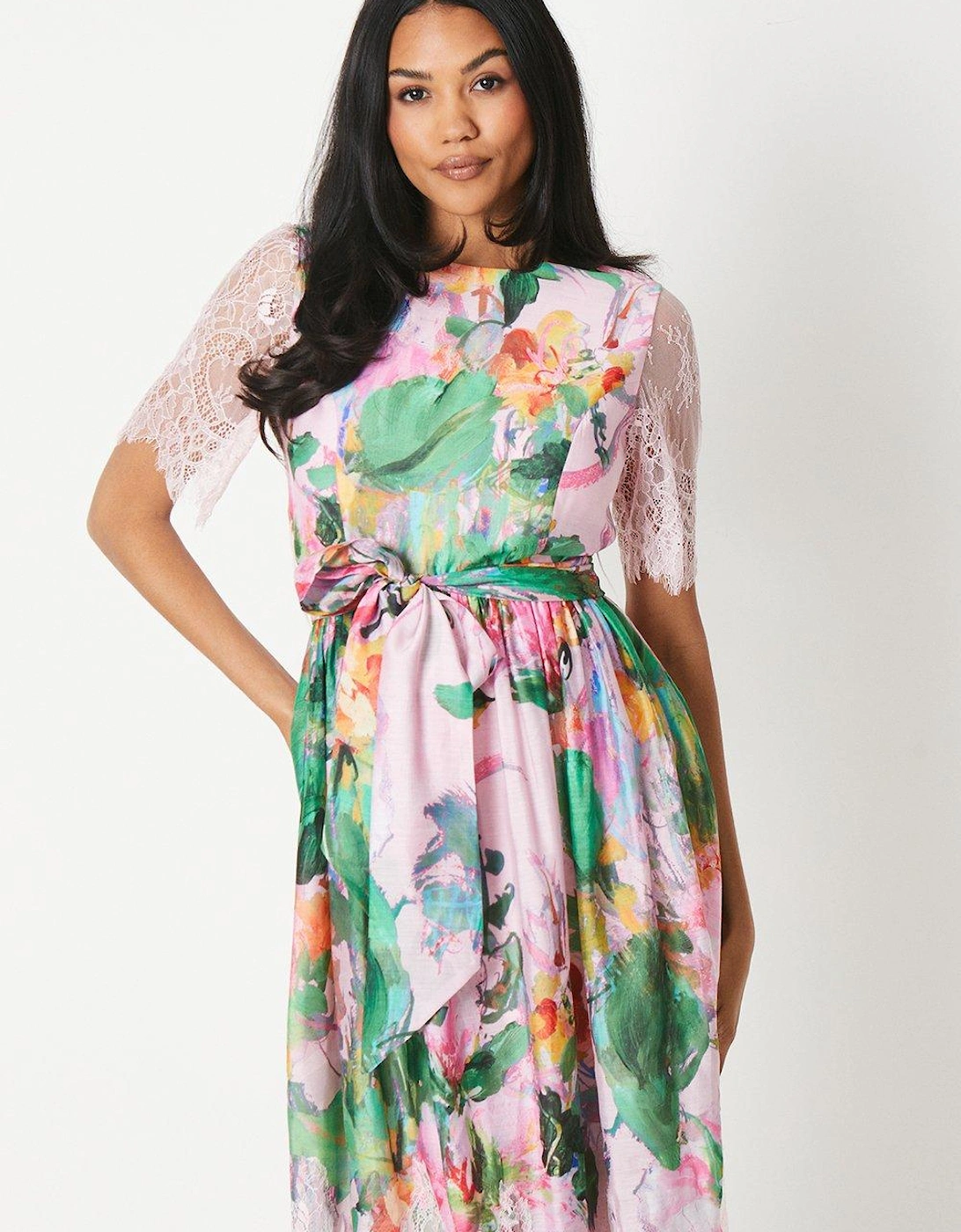Lace Hem And Sleeve Printed Midi Dress