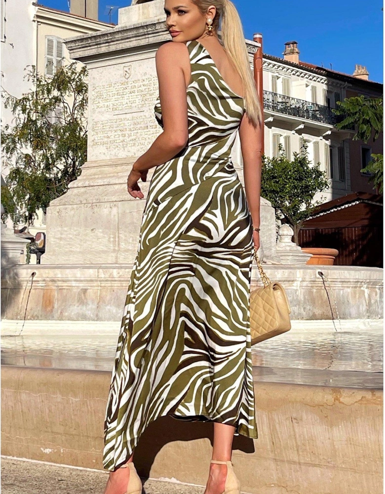 Zebra One Shoulder Midi Dress - Olive