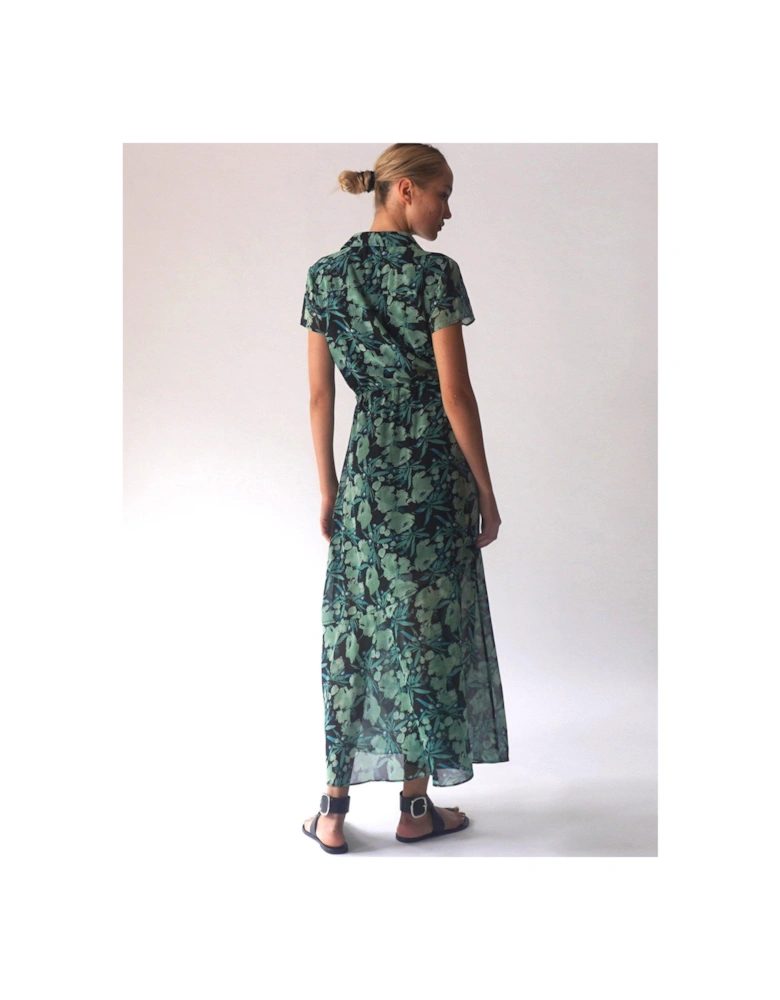 Floral Midaxi Tie Waist Shirt Dress - Green