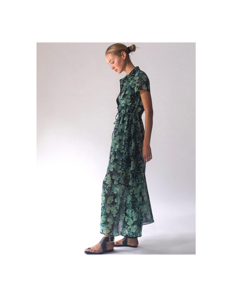 Floral Midaxi Tie Waist Shirt Dress - Green
