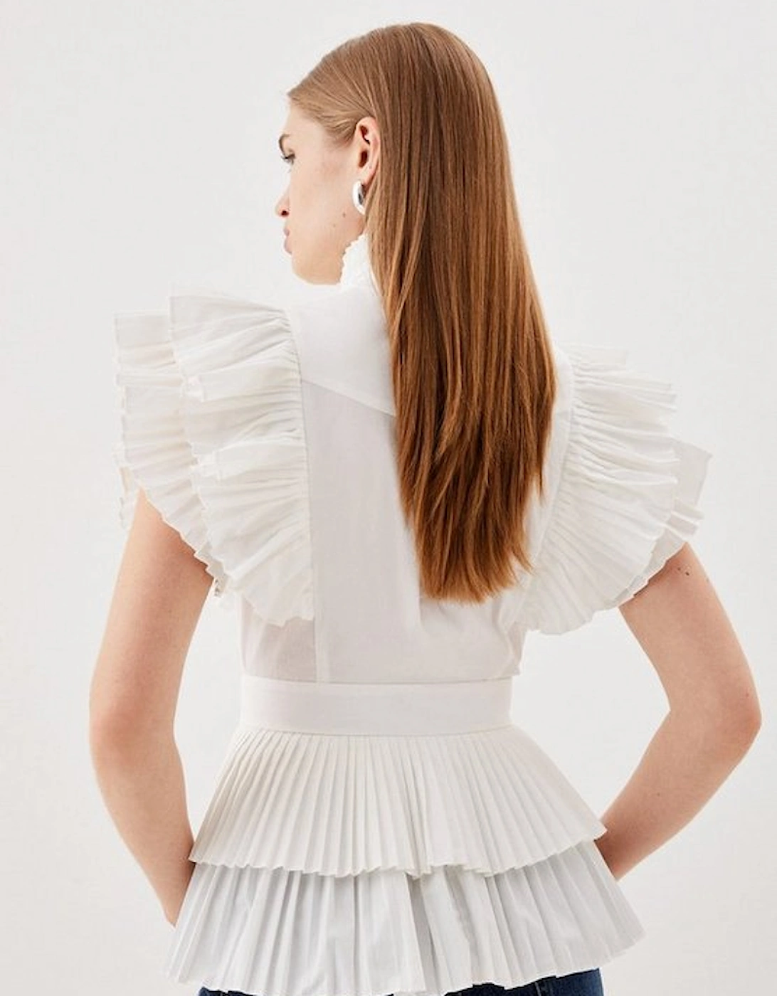 Cap Sleeve Pleated Ruffle Woven Shirt