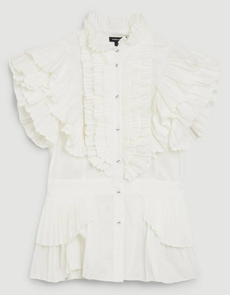 Cap Sleeve Pleated Ruffle Woven Shirt