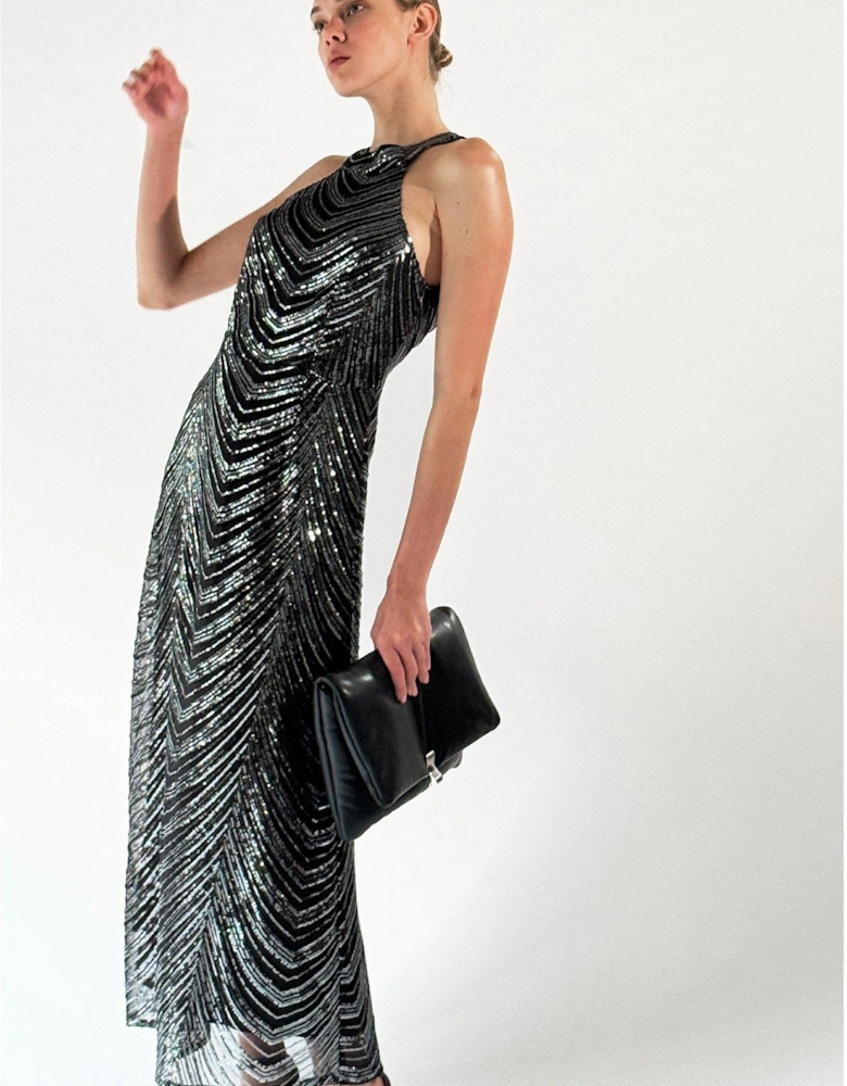 Halterneck Sequin Maxi Dress - Gunmetal 