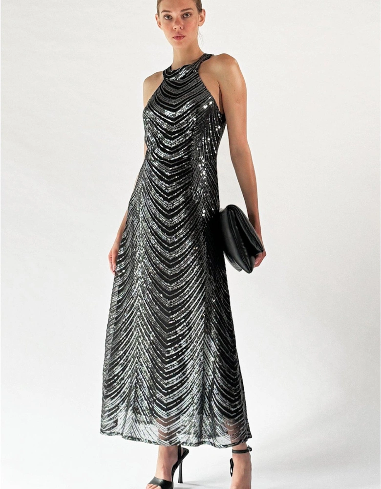 Halterneck Sequin Maxi Dress - Gunmetal 