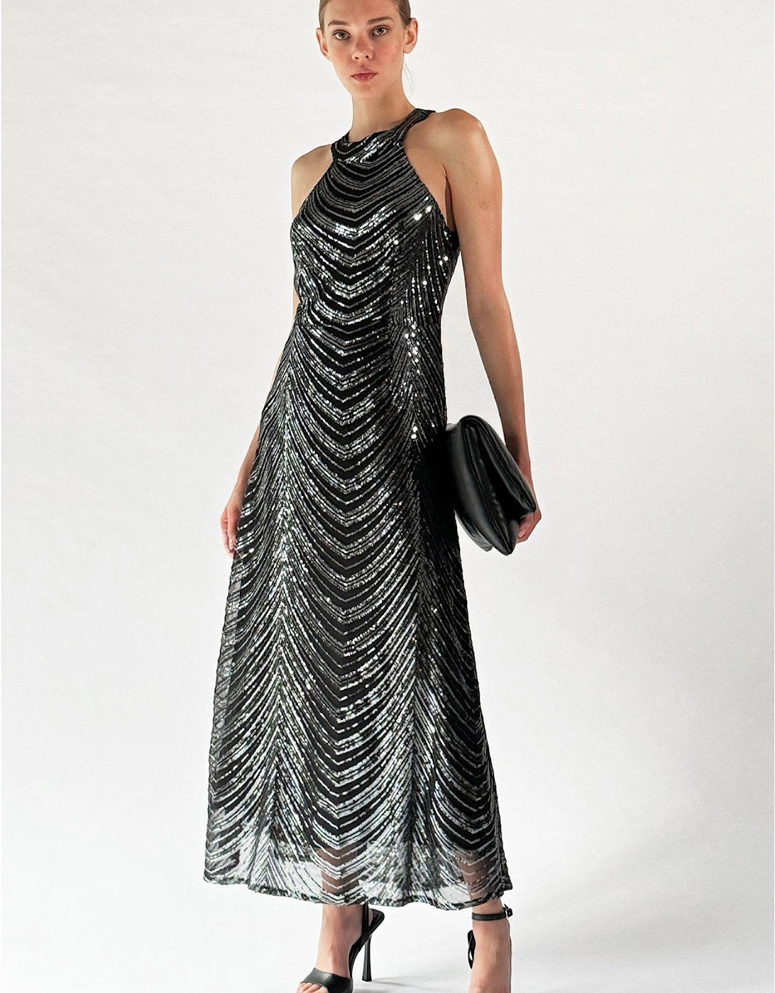 Halterneck Sequin Maxi Dress - Gunmetal 