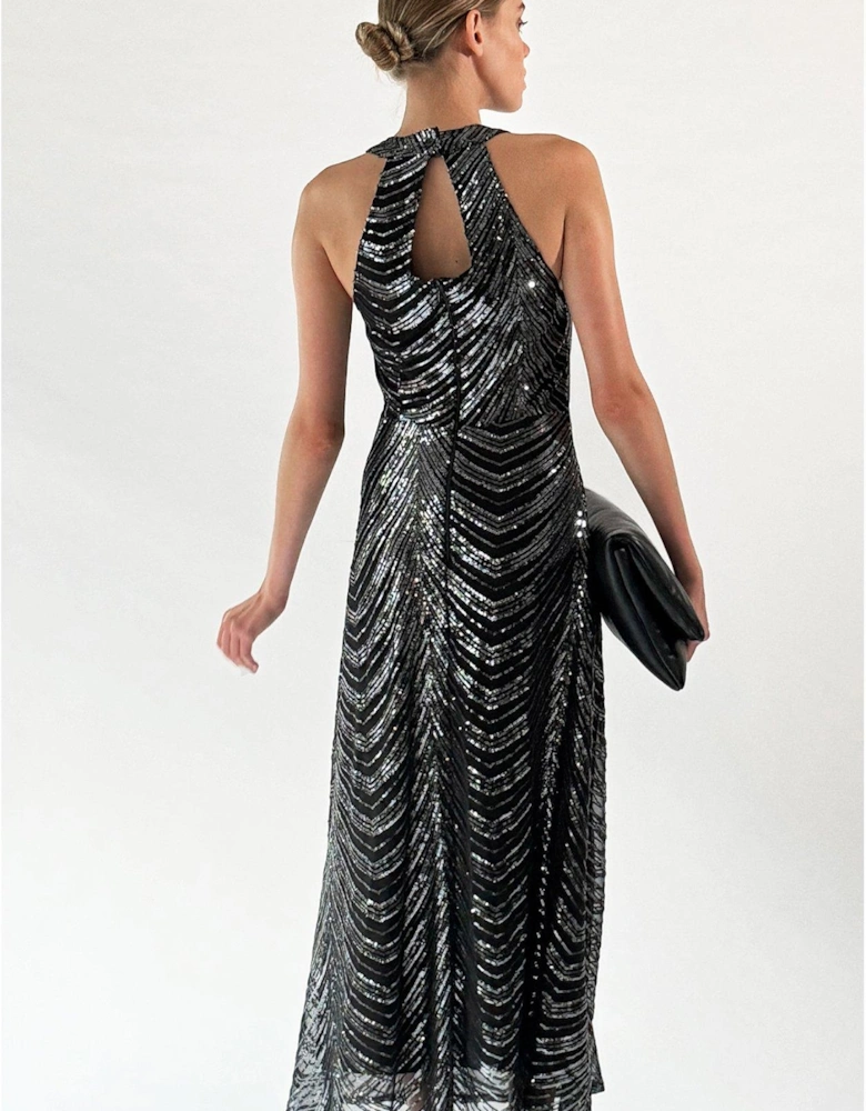 Halterneck Sequin Maxi Dress - Gunmetal 