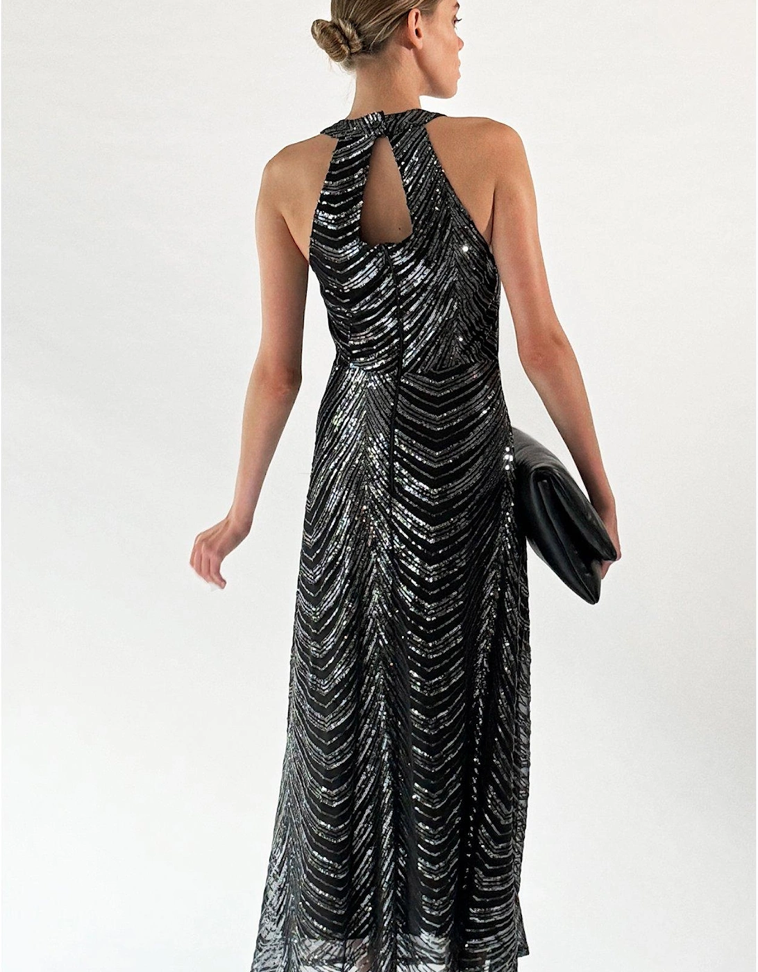 Halterneck Sequin Maxi Dress - Gunmetal 