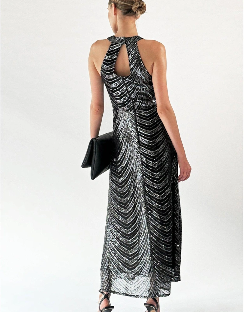 Halterneck Sequin Maxi Dress - Gunmetal 