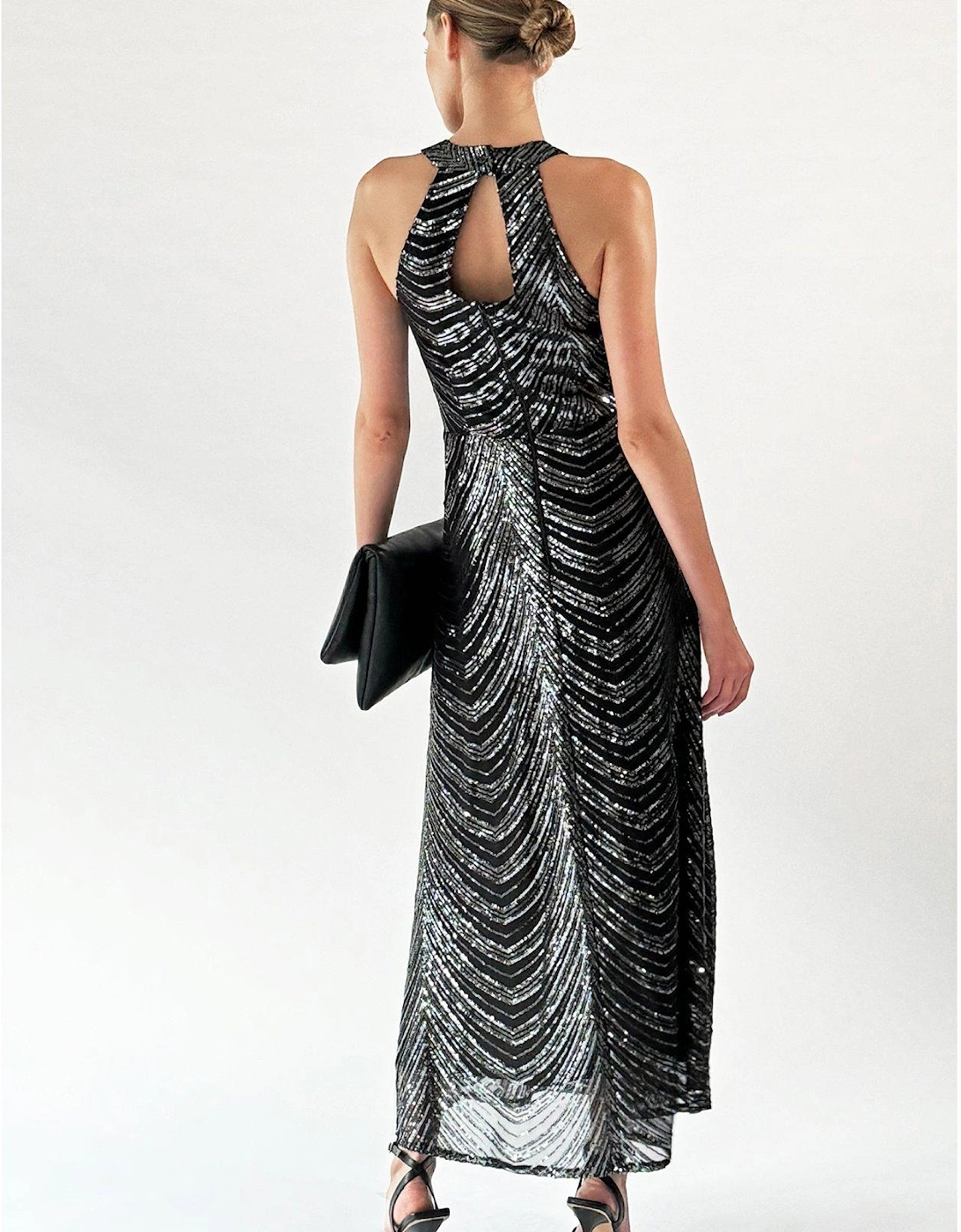 Halterneck Sequin Maxi Dress - Gunmetal 