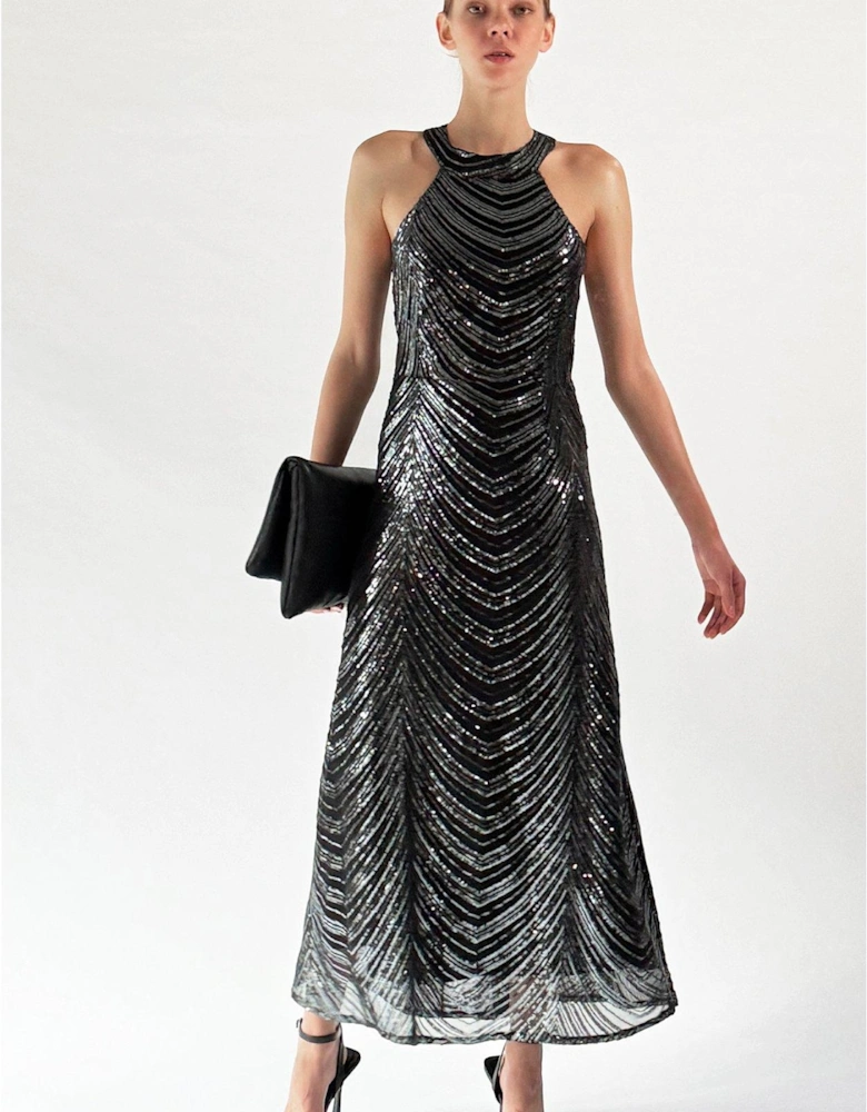 Halterneck Sequin Maxi Dress - Gunmetal 