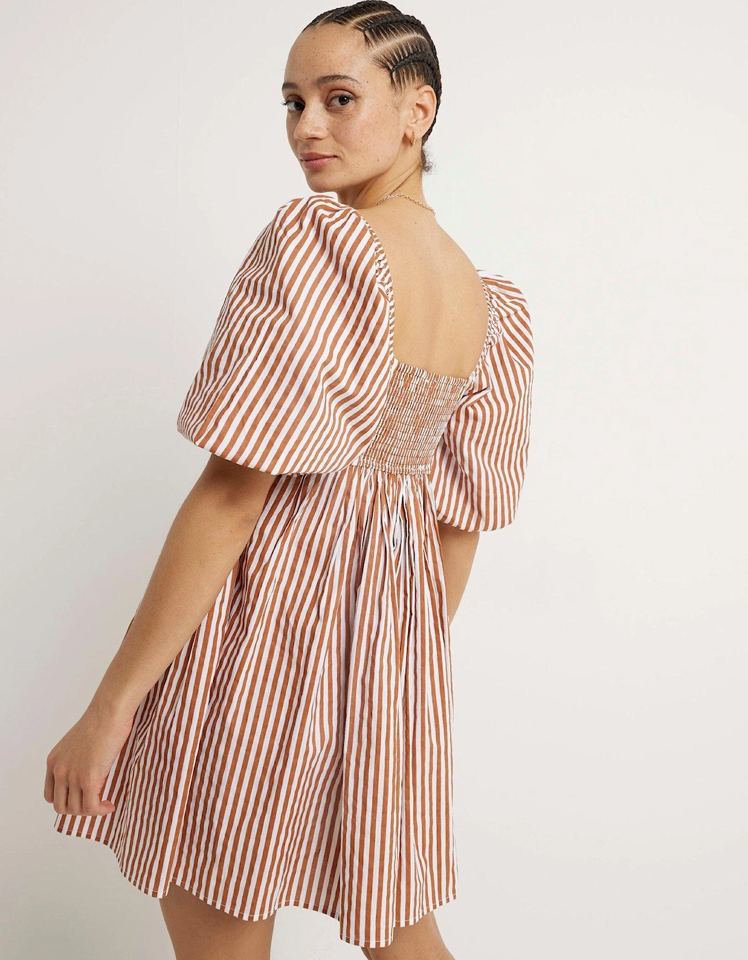Striped Babydoll Dress - Brown
