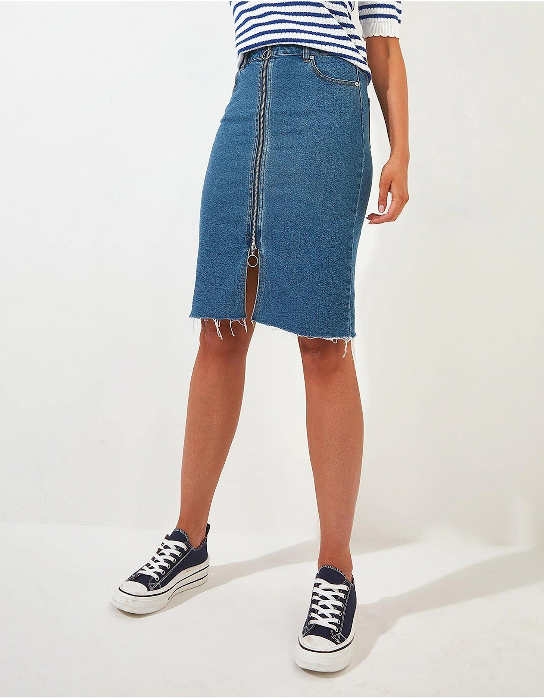 Zip Front Denim Skirt - Blue