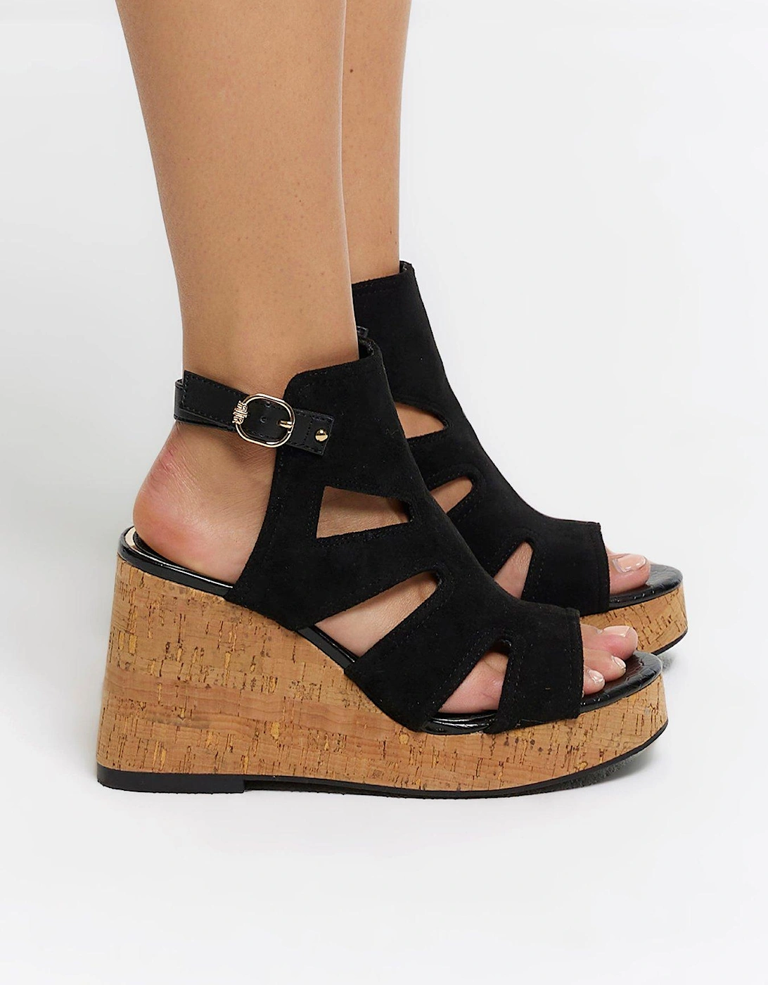 Cut Out Wedge Sandals - Black