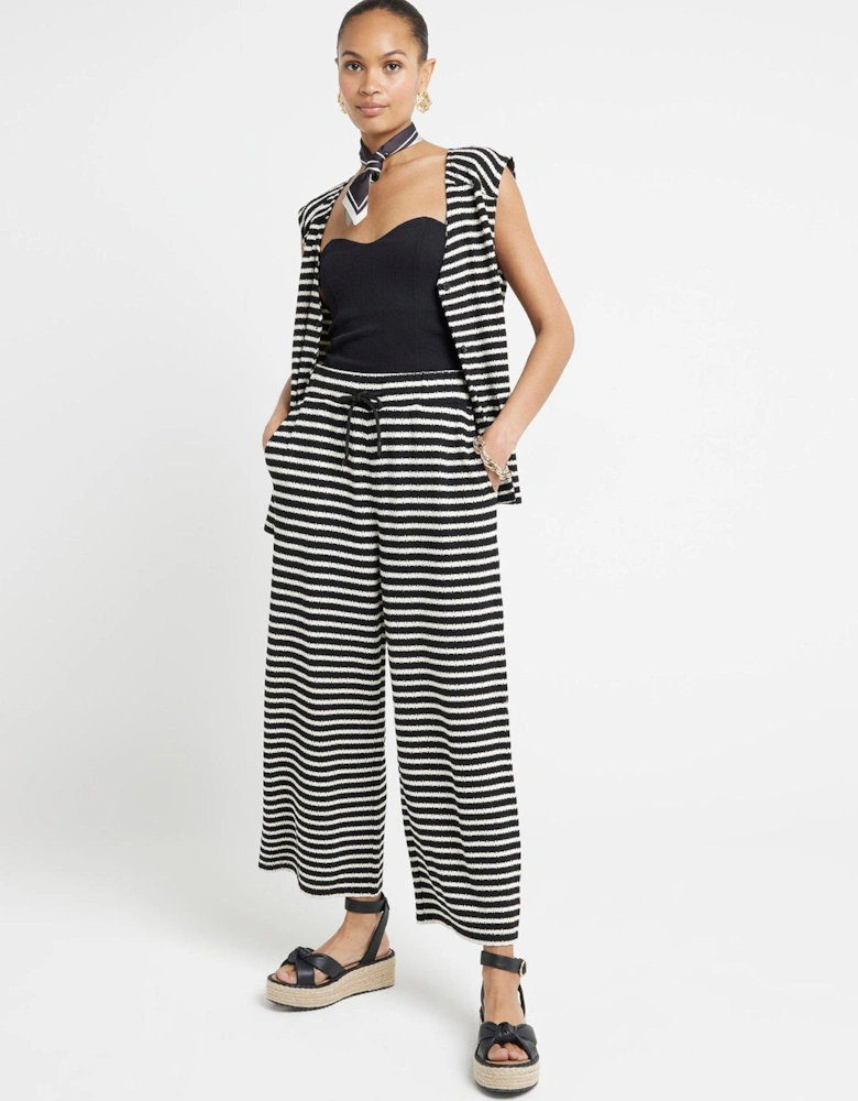 Striped Textured Wide Leg Culottes Co-Ord - Black