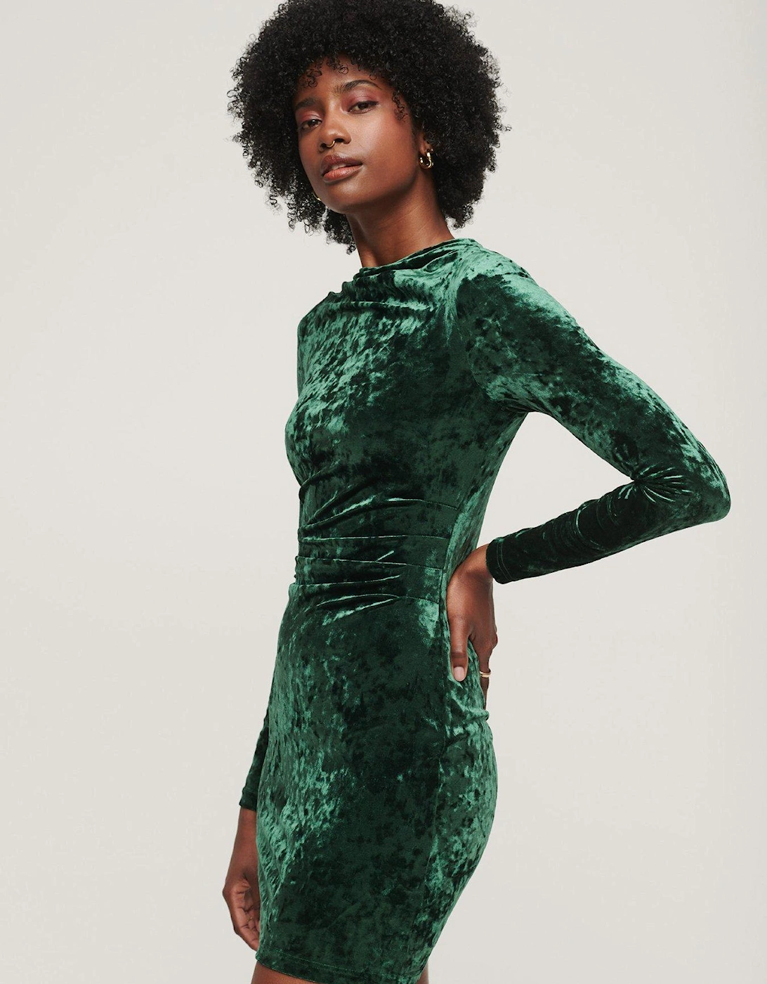 Velvet Long Sleeve Mini Dress - Green