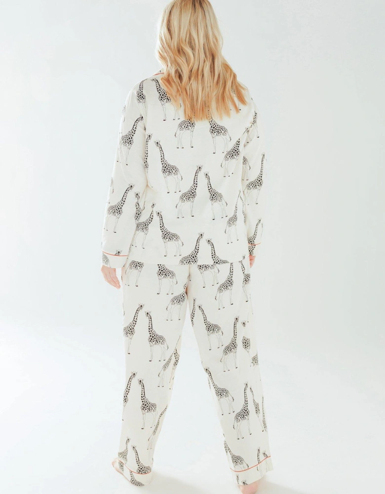 Curve Cotton Cream Giraffe Print Revere Collar Button Up Long Pyjama Set