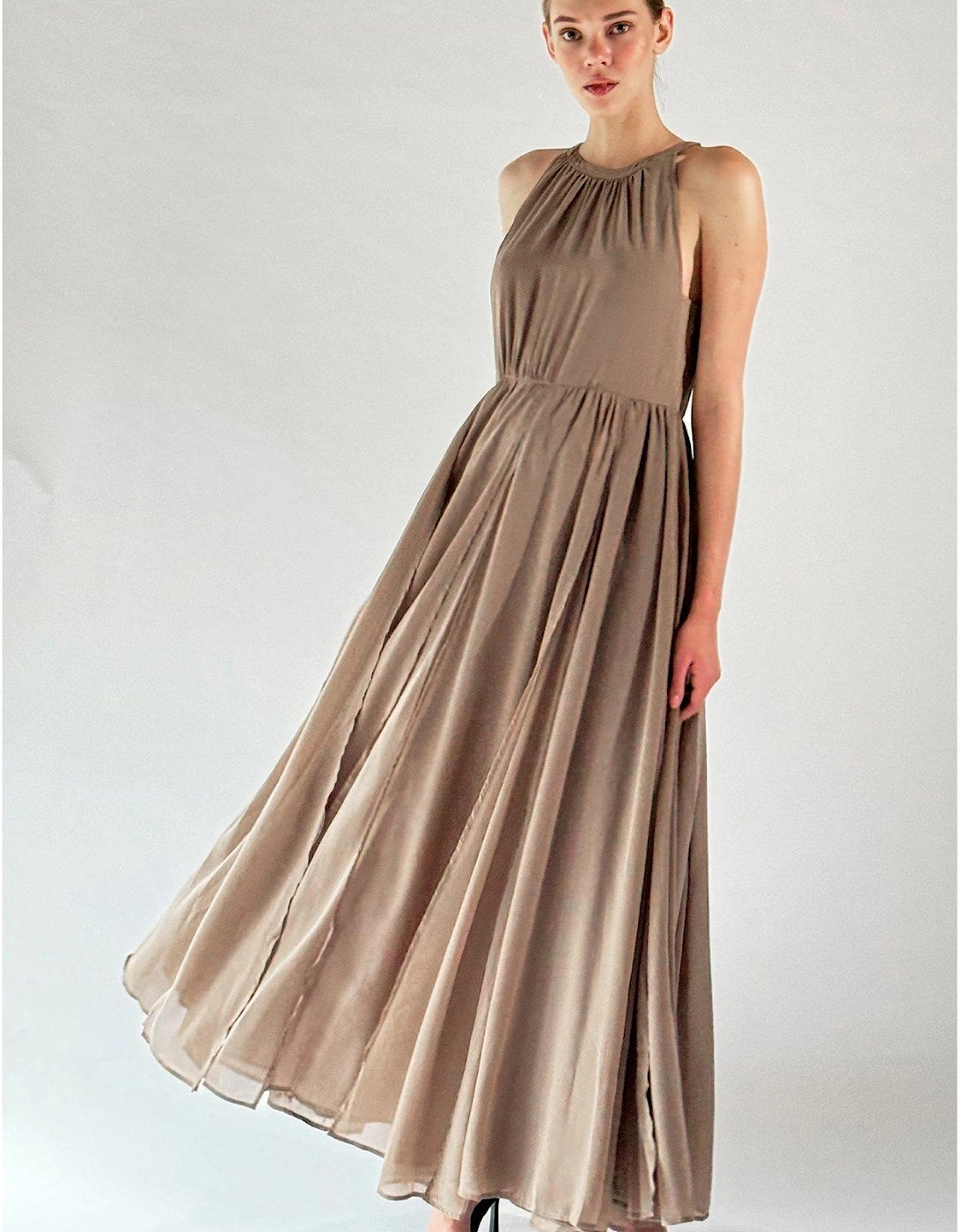 Halterneck Maxi Dress With Floaty Layered Skirt - Beige