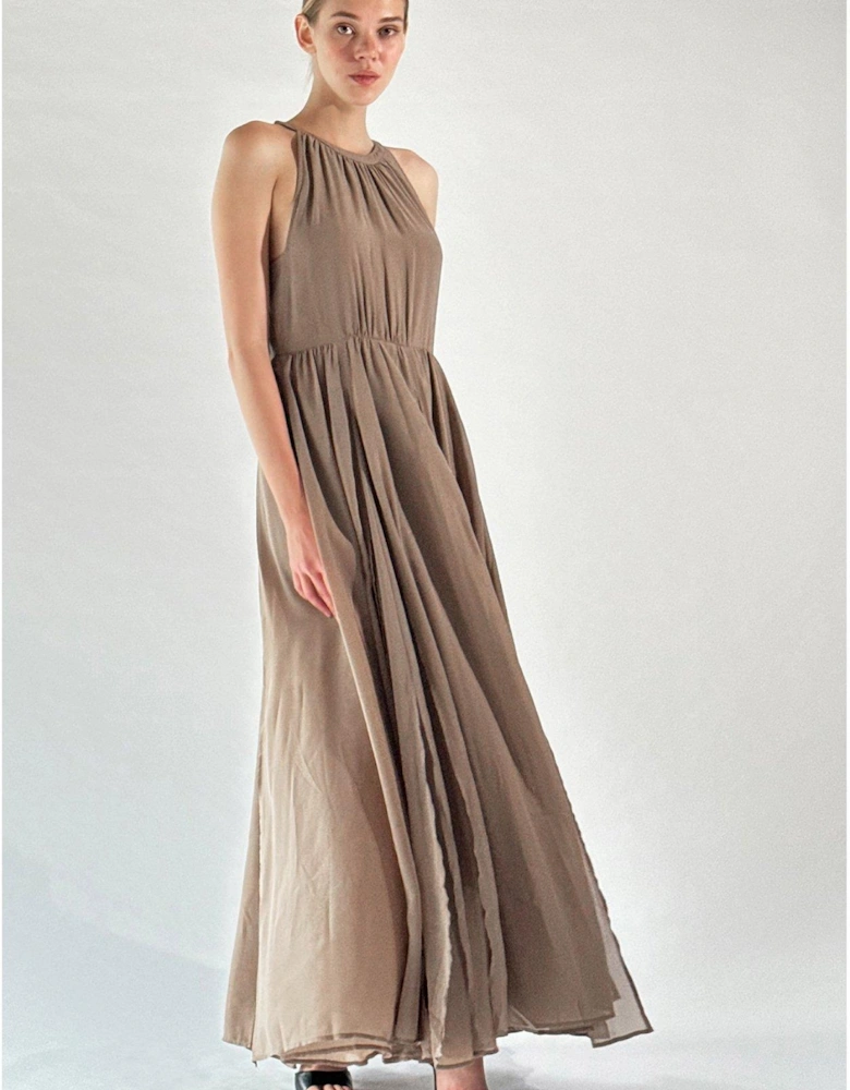 Halterneck Maxi Dress With Floaty Layered Skirt - Beige