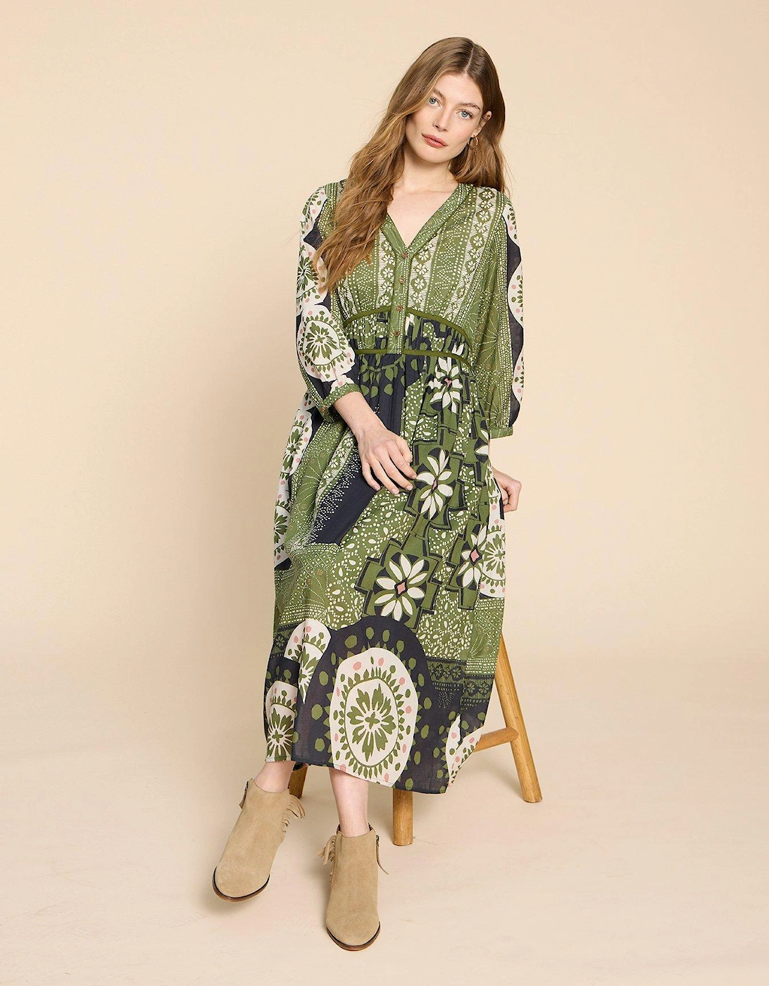 Cotton-blend Mosaic Print Blouson Sleeve Midi Dress